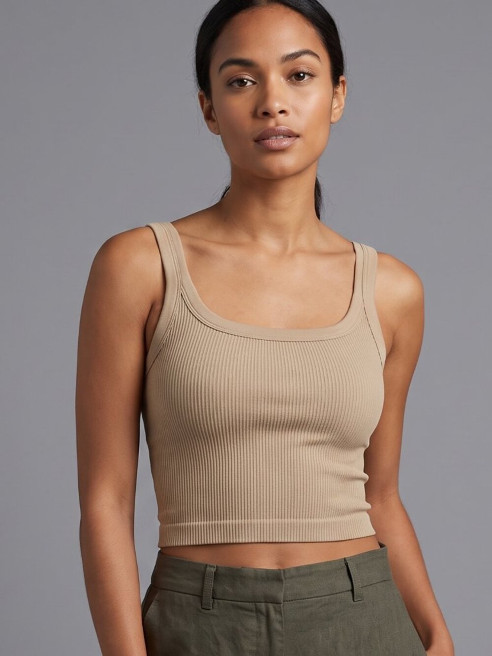 NWOT | Tan Ribbed Workout Crop Top | Seamless | Square Neck | Small